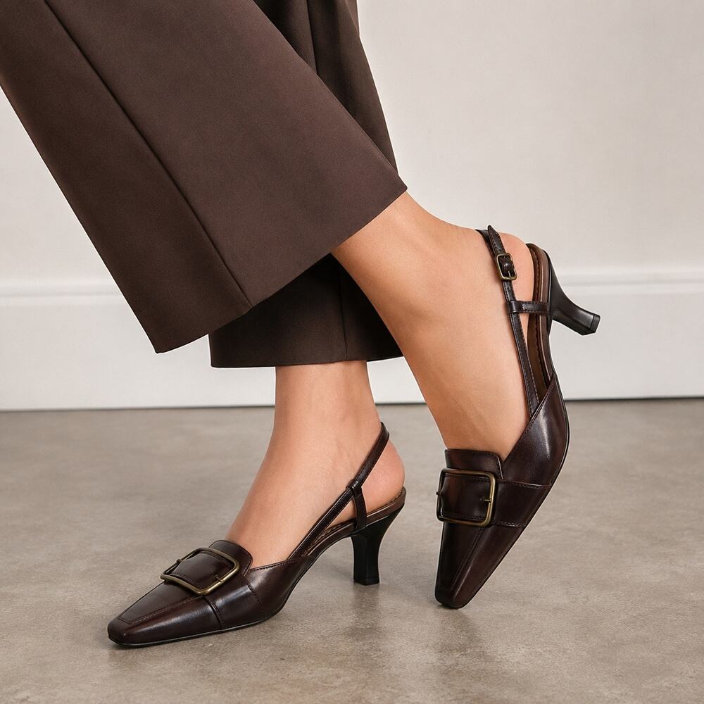 Unisa Kleo 06 Espresso Leather Slingback Pumps Square Toe Buckle Heels 6.5B